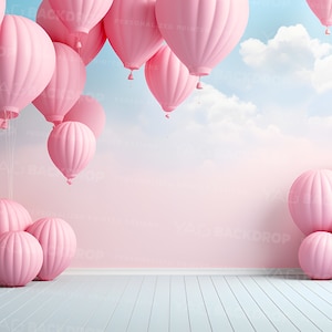 Girl 1st Birthday Hot Air Balloons Pink Colors Sky Clouds Cake Smash Photography Printed Backdrop For Photographers Studio