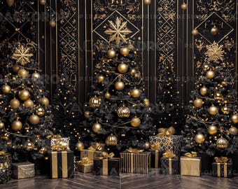 Christmas Tree Golden Gifts Black Photography Backdrop, Digital File, High Resolution JPEG