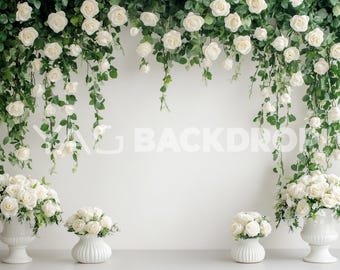 Elegant White Green Wall decorated With Roses Photography, Digital File, High Resolution JPEG