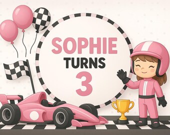 Race Car Girl Birthday Backdrop Pink Black White Theme Made to Order Custom Name Age, Digital File, High Resolution JPEG
