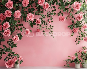 Elegant Pink Wall decorated With Roses Photography, Digital File, High Resolution JPEG