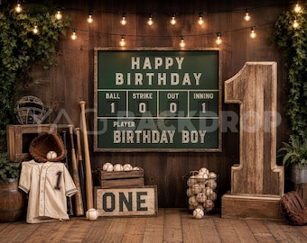 Baseball First Birthday Backdrop, Vintage Scoreboard Sports Party Background Rustic Wooden Number One Decor JPEG Photography Backdrop