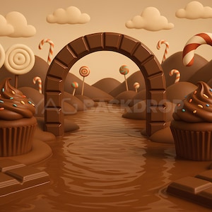 May include: A whimsical chocolate-themed scene with cupcakes, candy canes, and lollipops. A chocolate river flows beneath a chocolate archway. Brown hills and fluffy clouds complete the sweet landscape. Chocolate bars are in the foreground.