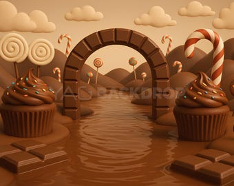 Chocolate Wonderland Candy Land Backdrop, 3D Chocolate River & Sweets Arch, High Resolution JPEG, Digital Photography Background