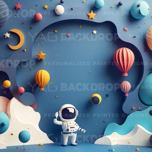 May include: A blue background with a white astronaut figure standing in the center. The background is decorated with colorful 3D shapes, including planets, stars, and hot air balloons.