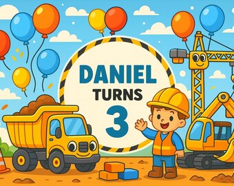 Construction Birthday Backdrop Custom Name Age, Digital File, High Resolution JPEG