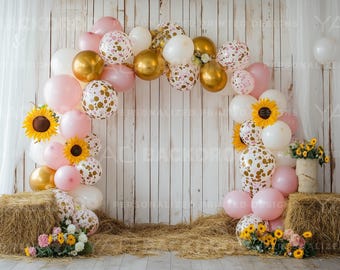 Farm Theme Backdrop Balloon Arch Sunflower Pink Gold Birthday Newborn Toddler Maternity Background, Digital File, High Resolution JPEG