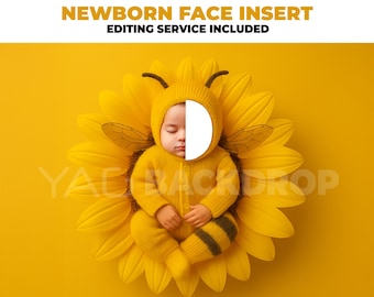 Newborn Yellow Bee Baby in Sunflower Digital Backdrop – FACE INSERT EDITING Service Included