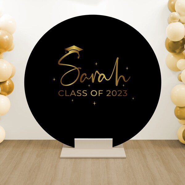 Class of 2023, Congrats Grad, Graduation, Personalized Black Round Backdrop Cover, Custom Name, Black Gold Colors