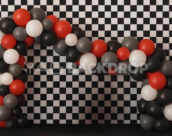 Race Car Balloon Arch Garland Kit, Red‑Black‑White Checkered Flag Party Backdrop, High‑Res JPEG Photography Background