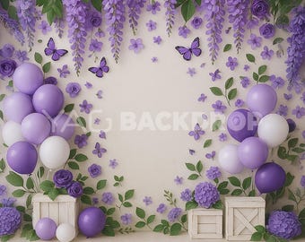Pastoral Photography Backdrop Purple Balloons, Butterflies, White Wooden Crates, Digital File, High Resolution JPEG