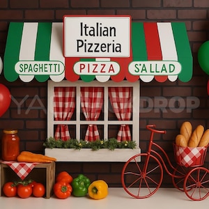 May include: A backdrop featuring an Italian pizzeria scene with a red brick wall. The scene includes a sign that reads "Italian Pizzeria", a red bicycle, balloons, and various food items like tomatoes and bread.