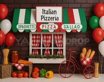 Pizza Store Shop, Pizzeria Stand, Red Green Balloons, Veggies & Bread Display, Kids Photography Backdrop, Digital File, High-Resolution JPEG