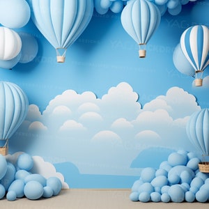 Boy 1st Birthday Hot Air Balloons Blue Sky Clouds Cake Smash Photography Printed Backdrop For Photographers Studio