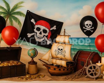 Pirate Beach, Red Black Balloons, Treasure Chest & Pirate Ship, Kids Adventure Photography Backdrop, Digital File, High-Resolution JPEG