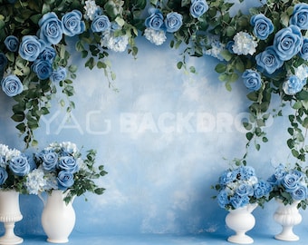 Elegant Blue Wall decorated With Roses Photography, Digital File, High Resolution JPEG