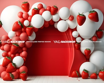 Strawberry White Red Photography Backdrop, Digital File, High Resolution JPEG