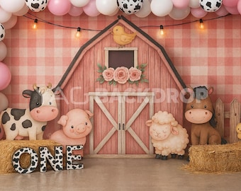 Pink Farm Barnyard, Animals, Balloons, Haystack, First Birthday Photography Backdrop, Digital File, High Resolution JPEG