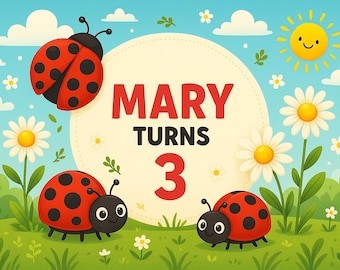 Ladybug Garden Flowers Sunshine Birthday Backdrop Made to Order Custom Name Age, Digital File, High Resolution JPEG