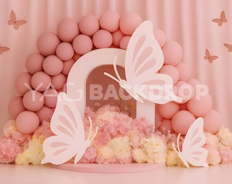 Butterfly Birthday Backdrop Pink Pastel Balloons Floral Arch Papercut Theme Digital File High Resolution JPEG