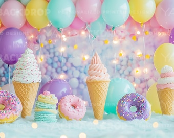 Balloons Pastel Colors Ice Cream Cones, Macarons, Magical, Candy, Donuts Photography Backdrop, Digital File, High Resolution JPEG