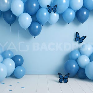 Butterfly, Blue Balloons Photography Backdrop, Digital File, High Resolution JPEG