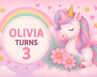 Unicorn Rainbow Birthday Backdrop Pastel Pink Theme Made to Order Custom Name Age, Digital File, High Resolution JPEG