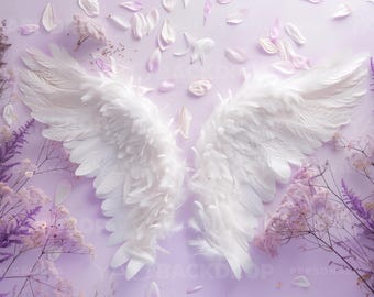Newborn Digital Backdrop, Angel Wings with Purple Flowers for Baby Girl, Newborn Composite Background, Photoshop Overlay, High Resolution