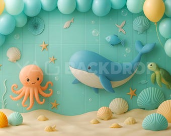 Under the Sea Birthday Backdrop - Ocean Theme Digital Download  | Cute Whale, Octopus & Sea Turtle