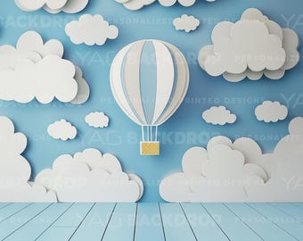 Hot Air Balloon, Clouds, Blue Baby Boy Colors, Floor Backdrop Photography, Digital File, High Resolution JPEG