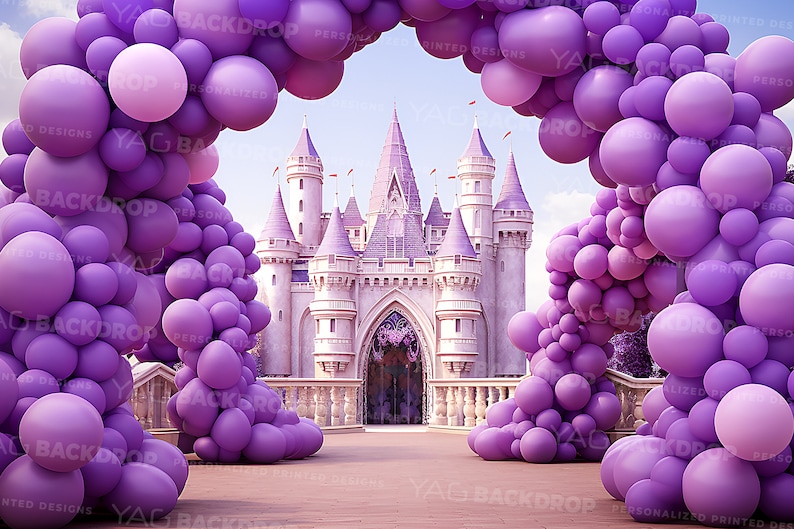 May include: A purple balloon archway with a pink castle in the background. The castle has white towers and a pink roof. The balloon archway is made of many purple balloons.