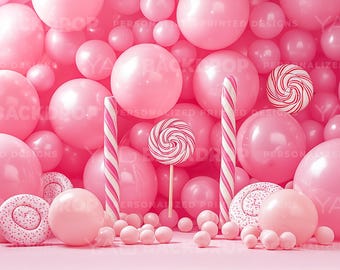 Shiny Metallic Pink Balloons Candy Lollipops Candy Canes Photography Backdrop, Digital File, High Resolution JPEG