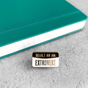 Può includere: Una spilla rettangolare in smalto con la scritta "HELLO, I AM AN: EXTROVERT" in lettere dorate e bianche. La spilla ha un bordo nero e un contorno dorato. Un taccuino verde acqua è sullo sfondo.