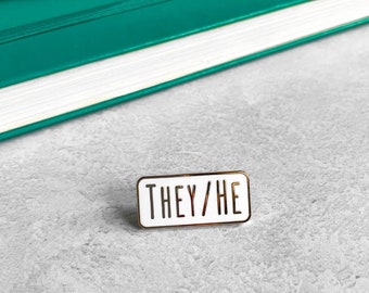 They/He Pronoun Hard Enamel Pin Badge - Black and Gold or White and Gold