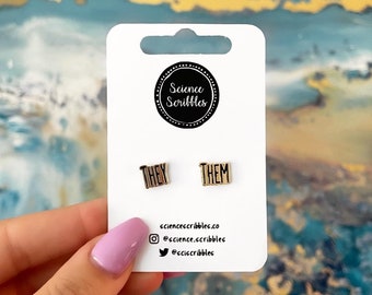 They/Them Pronoun Enamel Earrings - Black and Gold