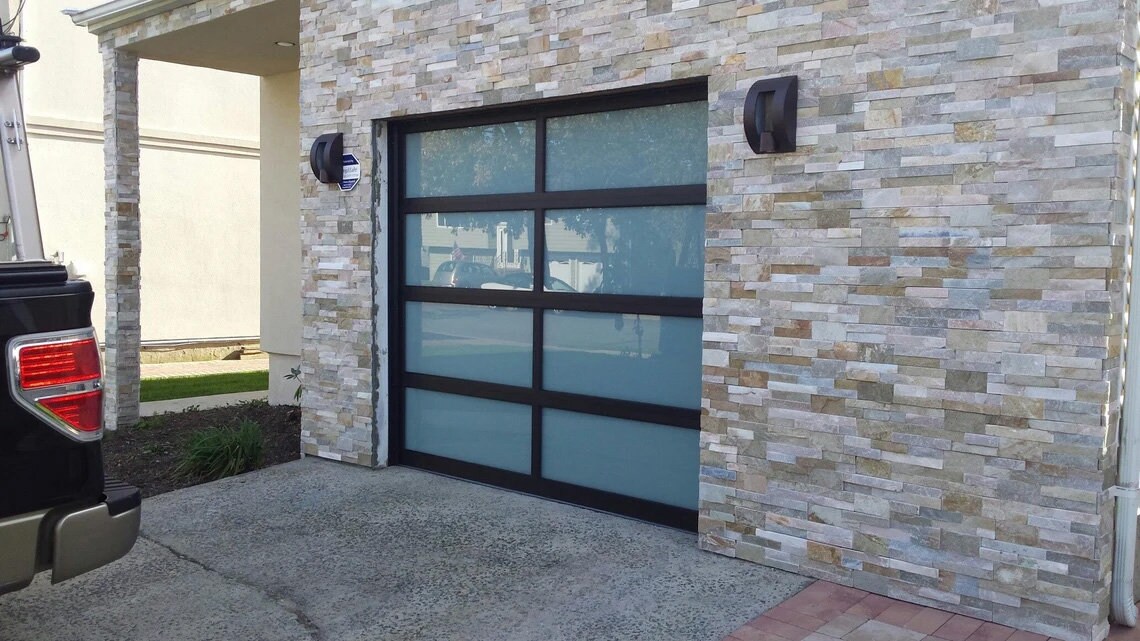Contemporary Black Aluminum & White Laminate (Privacy) Glass Garage Do —  Lux Garage Doors
