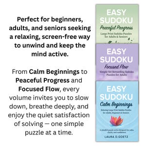 Op de afbeelding: Drie Sudoku-puzzelboeken met de titels "Peaceful Progress", "Focused Flow" en "Calm Beginnings". De boeken zijn in groen, paars en blauw. De tekst op de boeken bevat "Easy Sudoku" en beschrijvingen van de puzzels.