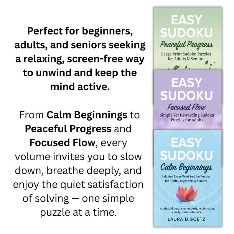 Op de afbeelding: Drie Sudoku-puzzelboeken met de titels "Peaceful Progress", "Focused Flow" en "Calm Beginnings". De boeken zijn in groen, paars en blauw. De tekst op de boeken bevat "Easy Sudoku" en beschrijvingen van de puzzels.