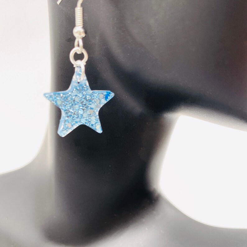 Gender Reveal Gift Light Baby Sky Blue Sparkle and Glitter Dangle Earring Star Shape Trendy Glamor Fashion Statement