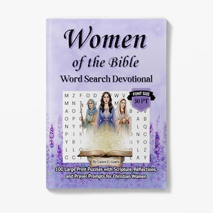 May include: A book titled "Women of the Bible" with a lavender cover. The cover features an illustration of three women, a word search puzzle, and the text "Word Search Devotional." The book includes 100 large print puzzles.