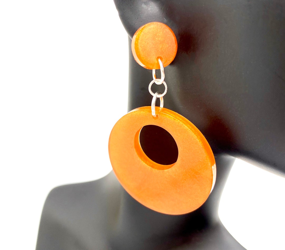 Boucles D'oreilles Pendantes Camée Orange En Résine Sur Monture Plaquée Or - Cadeau Idéal, Neuves