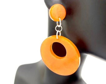 Orange Resin Dangle Earrings: Silver Plated, Halloween Fall Fashion