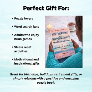 Może przedstawiać: Osoba trzyma książkę zatytułowaną "Motivational and Inspirational Word Search Puzzles". Książka ma kolorową okładkę i napis "LARGE PRINT". Obraz zawiera r&oacute;wnież tekst "Perfect Gift For:" i wymienia pomysły na prezenty.