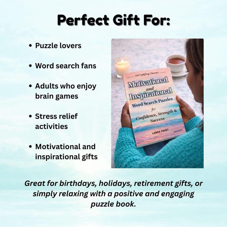 Może przedstawiać: Osoba trzyma książkę zatytułowaną "Motivational and Inspirational Word Search Puzzles". Książka ma kolorową okładkę i napis "LARGE PRINT". Obraz zawiera r&oacute;wnież tekst "Perfect Gift For:" i wymienia pomysły na prezenty.
