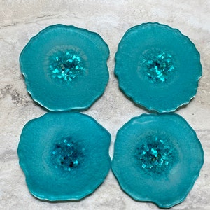 Geode Shape Resin Coasters in Turquoise Teal Color.  Hand Cast.