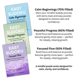 Op de afbeelding: Drie Sudoku-puzzelboeken met de titels "Easy Sudoku Calm Beginnings", "Easy Sudoku Peaceful Progress" en "Easy Sudoku Focused Flow". De boeken zijn in blauw, groen en paars, met witte tekst.