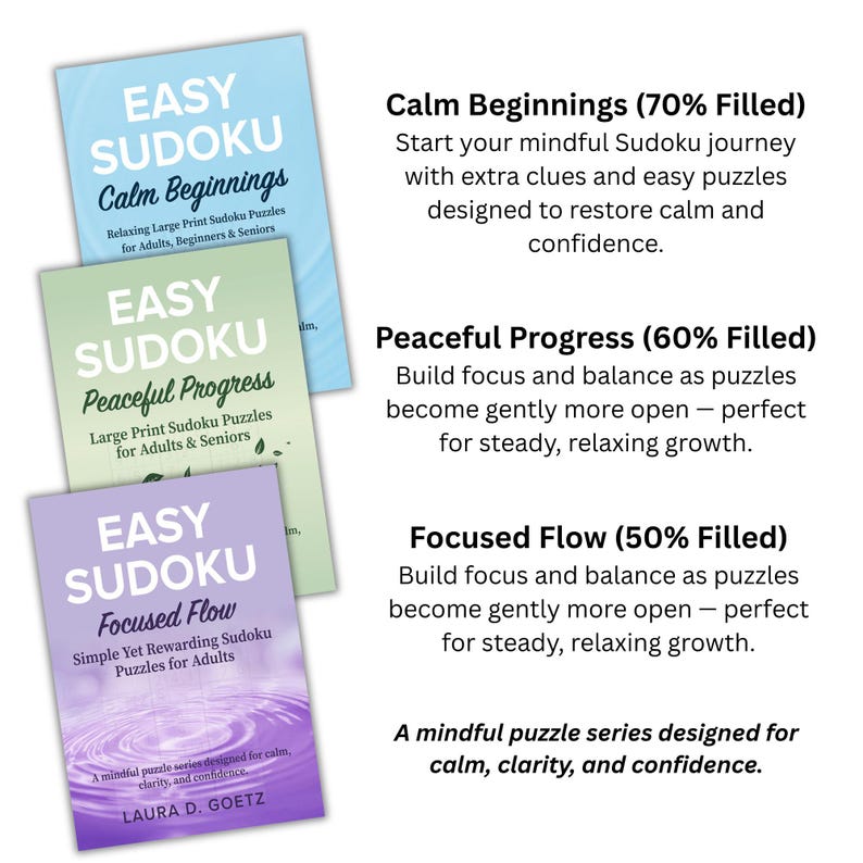 Op de afbeelding: Drie Sudoku-puzzelboeken met de titels "Easy Sudoku Calm Beginnings", "Easy Sudoku Peaceful Progress" en "Easy Sudoku Focused Flow". De boeken zijn in blauw, groen en paars, met witte tekst.