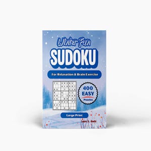 May include: A Sudoku puzzle book with a winter theme. The cover features the words "Winter Fun SUDOKU" in white and blue. It includes 400 easy puzzles and is designed for relaxation and brain exercise. The book is a large print edition.