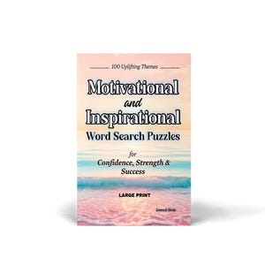 Może przedstawiać: Okładka książki z tłem sceny na plaży. Tytuł brzmi "Motivational and Inspirational Word Search Puzzles" z podtytułem "for Confidence, Strength & Success". Widoczne są r&oacute;wnież słowa "Large Print".