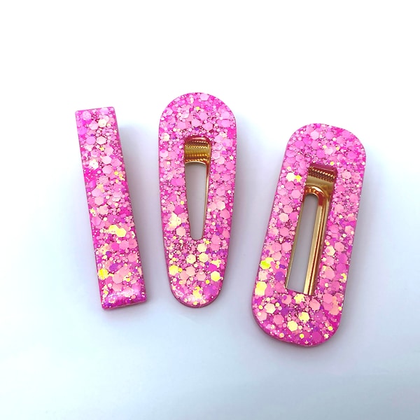 Hot Pink Sparkle Hair Clips/Hair Barrette/Resin Hair Clips/Hair Accessories/Neon Hair Clips/Handmade/Kids Children Women